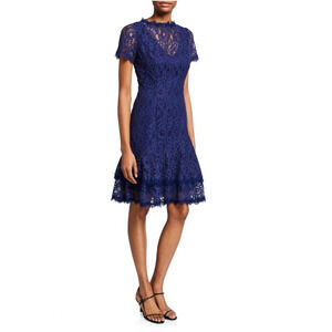 Shani Womens Dress 12 Lace Cocktail Short Sleeve Blue Knee Formal Ruffle Hem